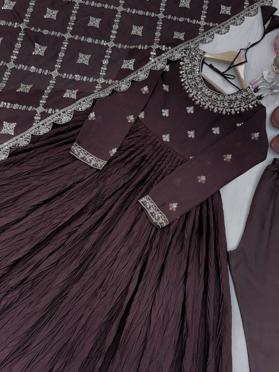 Festive Wear Chinon Silk Brown Color Gown