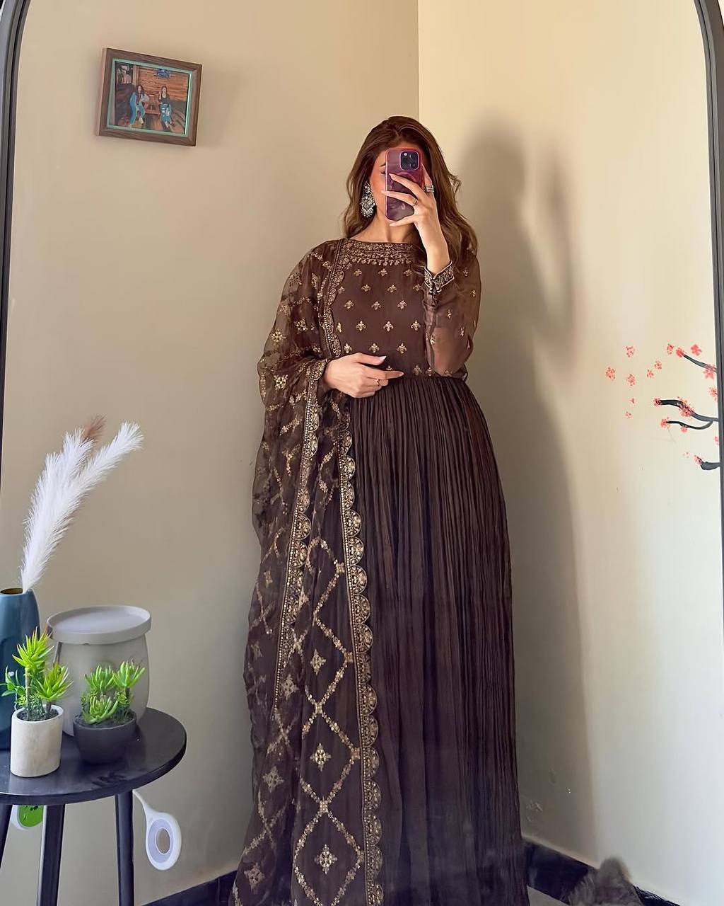 Festive Wear Chinon Silk Brown Color Gown