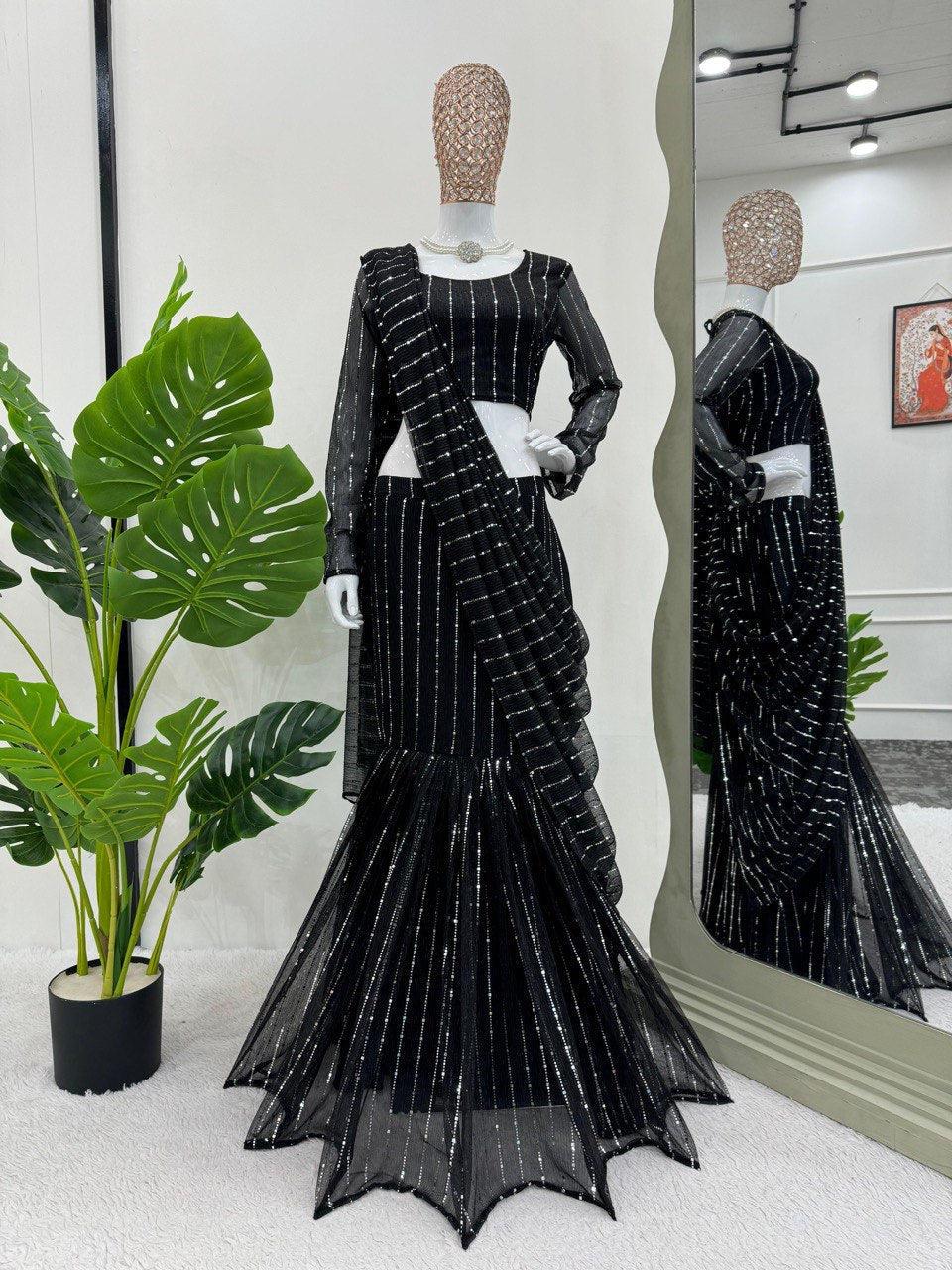 Outstanding Laycra Black Color Lehenga Saree