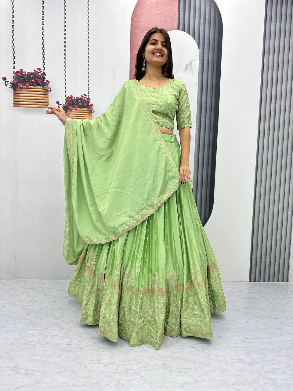 Party Wear Green Color Embroidery Work Lehenga Choli