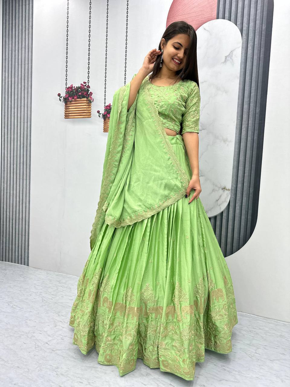 Party Wear Green Color Embroidery Work Lehenga Choli