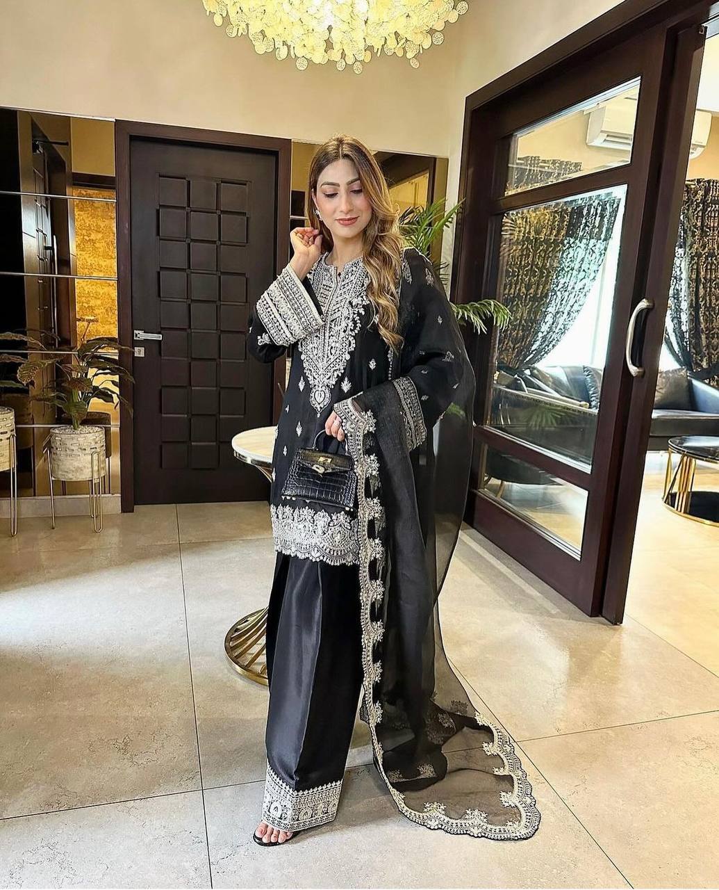 Outstanding Black Color Top Plazzo With Dupatta Set
