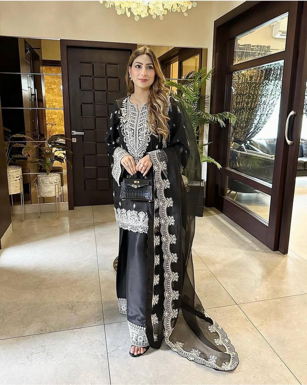 Outstanding Black Color Top Plazzo With Dupatta Set