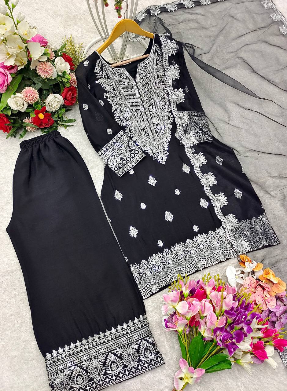Outstanding Black Color Top Plazzo With Dupatta Set