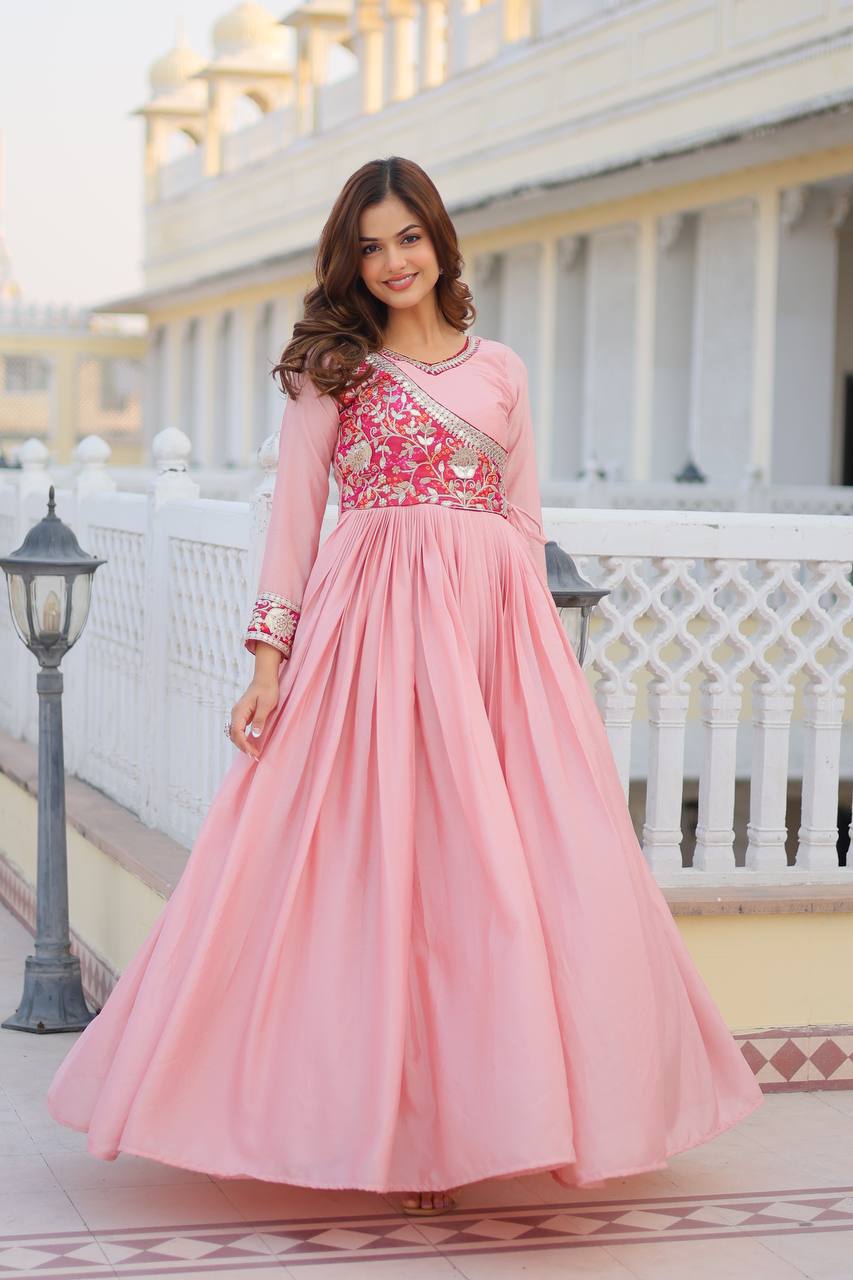 Attractive Chinon Pink Color Long Gown