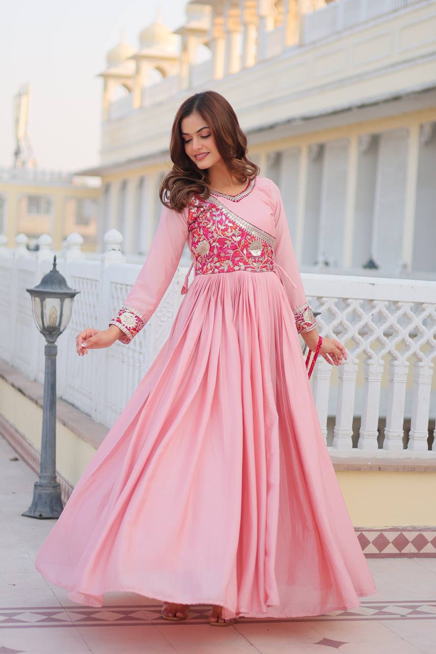 Attractive Chinon Pink Color Long Gown