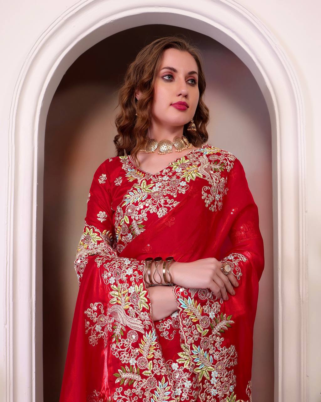 Pattern Wedding & Party Wear Heavy Embroidey Red Color Saree