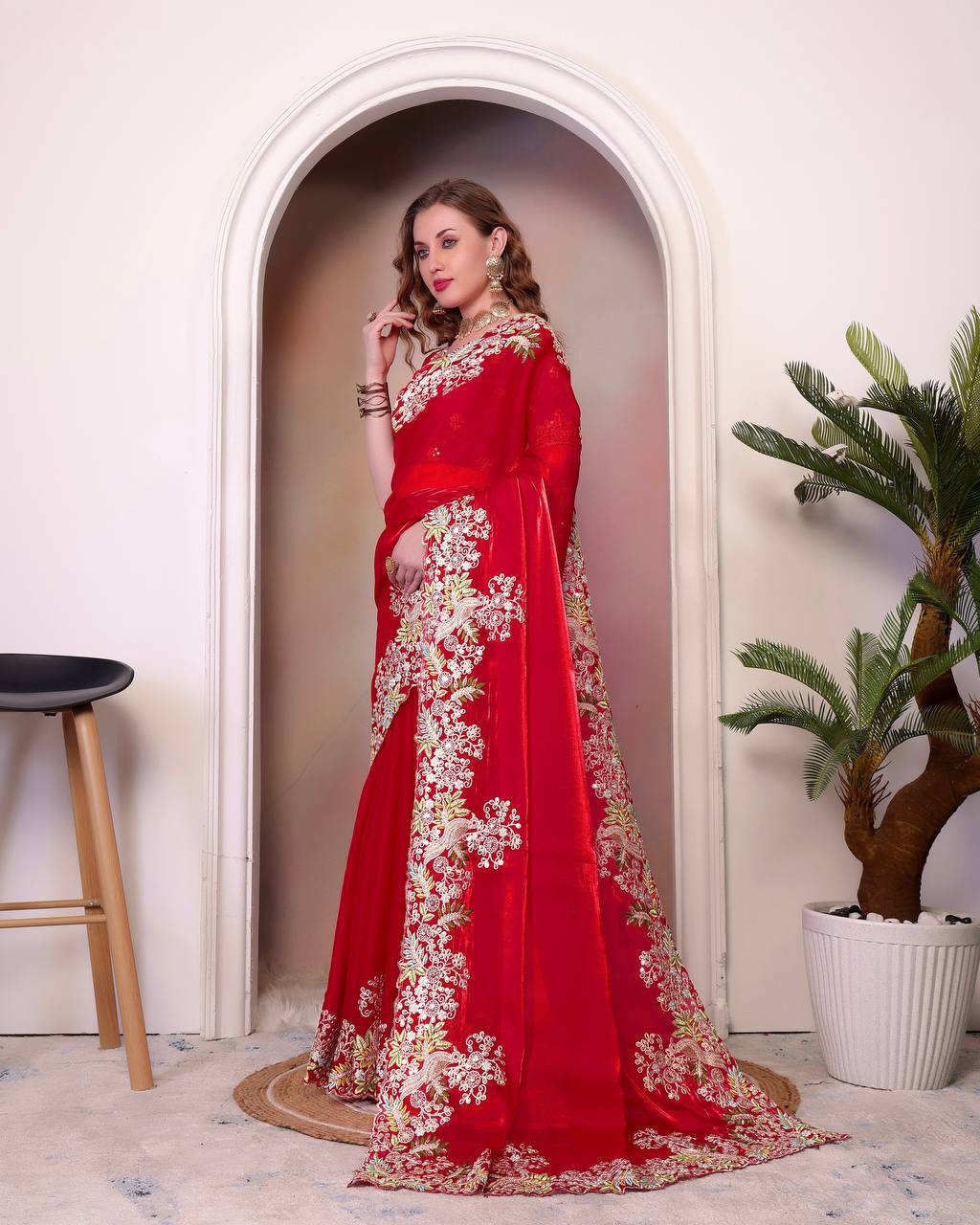 Pattern Wedding & Party Wear Heavy Embroidey Red Color Saree