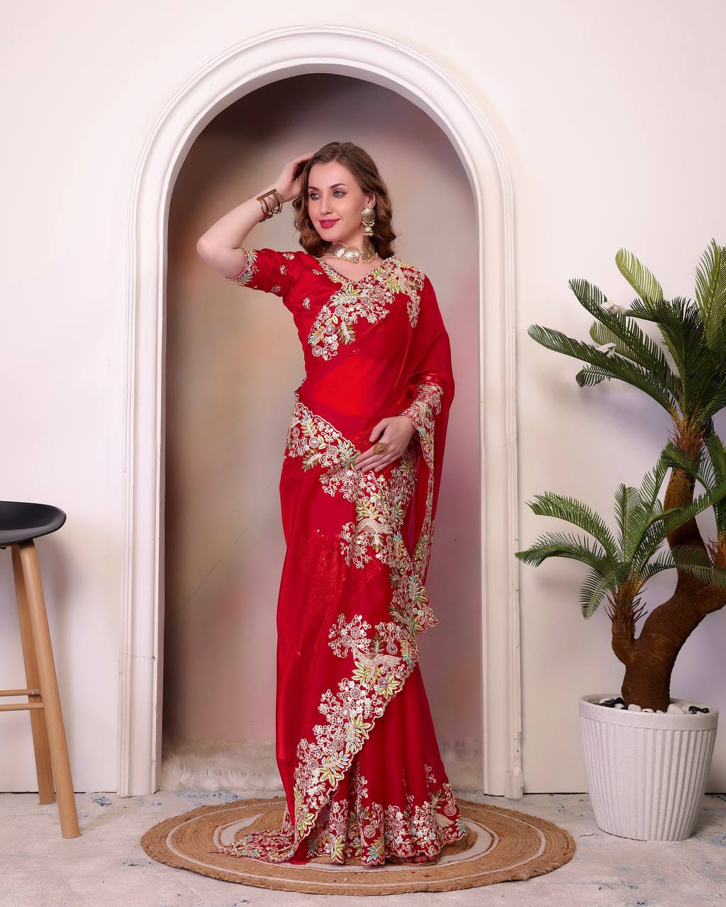 Pattern Wedding & Party Wear Heavy Embroidey Red Color Saree