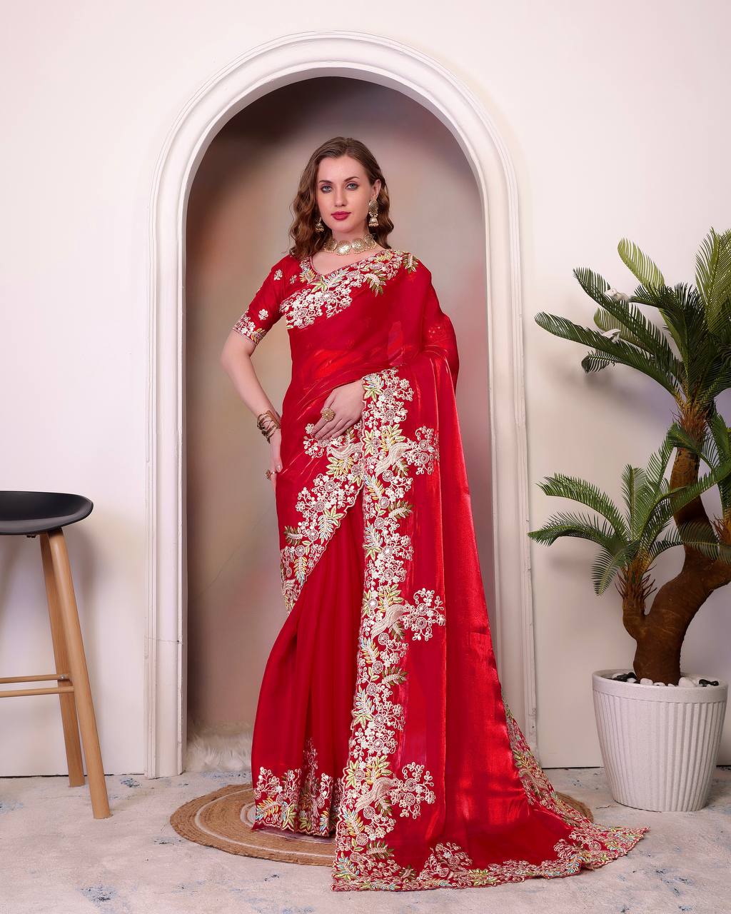 Pattern Wedding & Party Wear Heavy Embroidey Red Color Saree