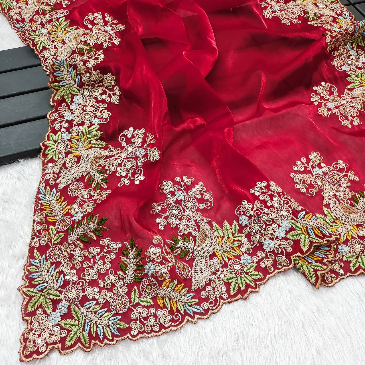 Pattern Wedding & Party Wear Heavy Embroidey Red Color Saree