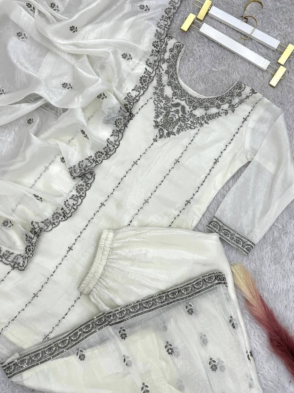 Designer Crush Silk White Color Palazzo Suit