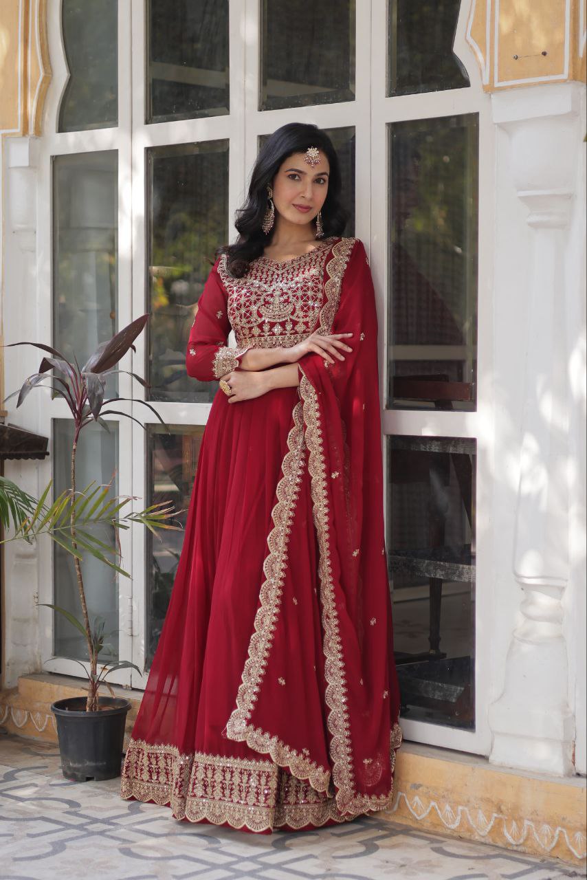 Glossy Zari Sequins Work Red Color Gown