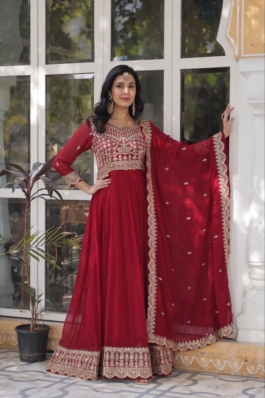 Glossy Zari Sequins Work Red Color Gown