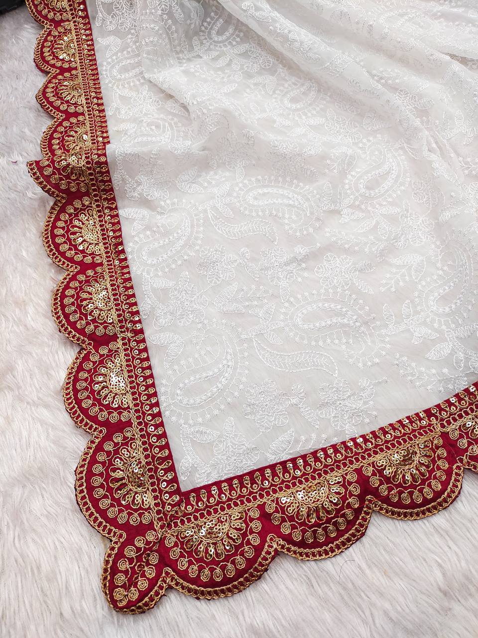 Flattering Treads Work White Color Designer Saree