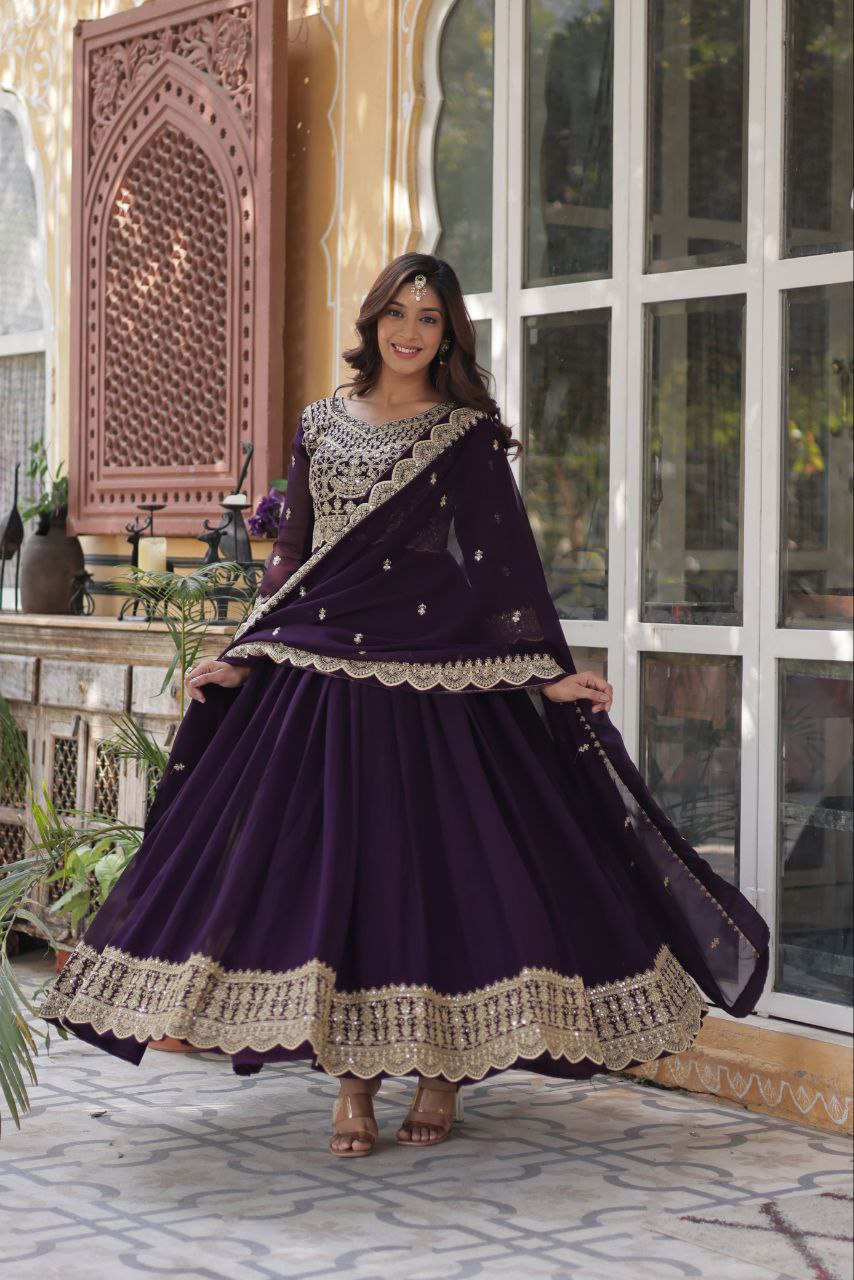 Captivating Sequins Work Purple Color Gown With Dupatta