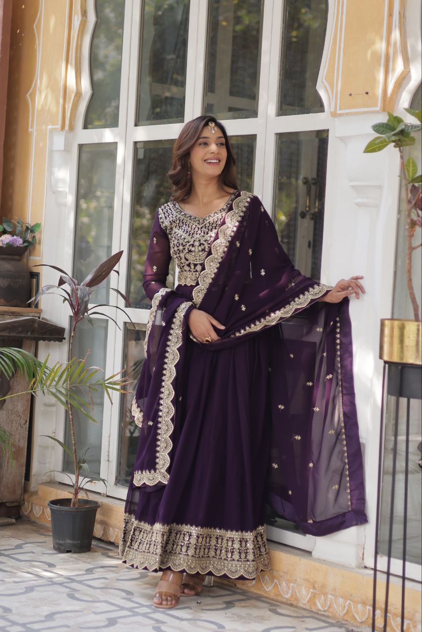 Captivating Sequins Work Purple Color Gown With Dupatta