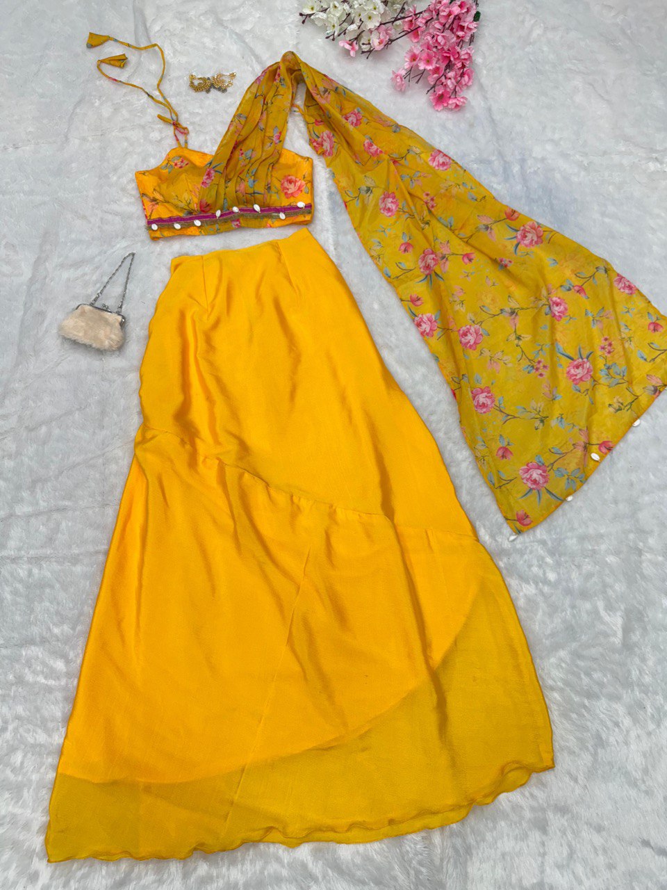 Flattering Chinnon Silk Yellow Color Skirt With Blouse