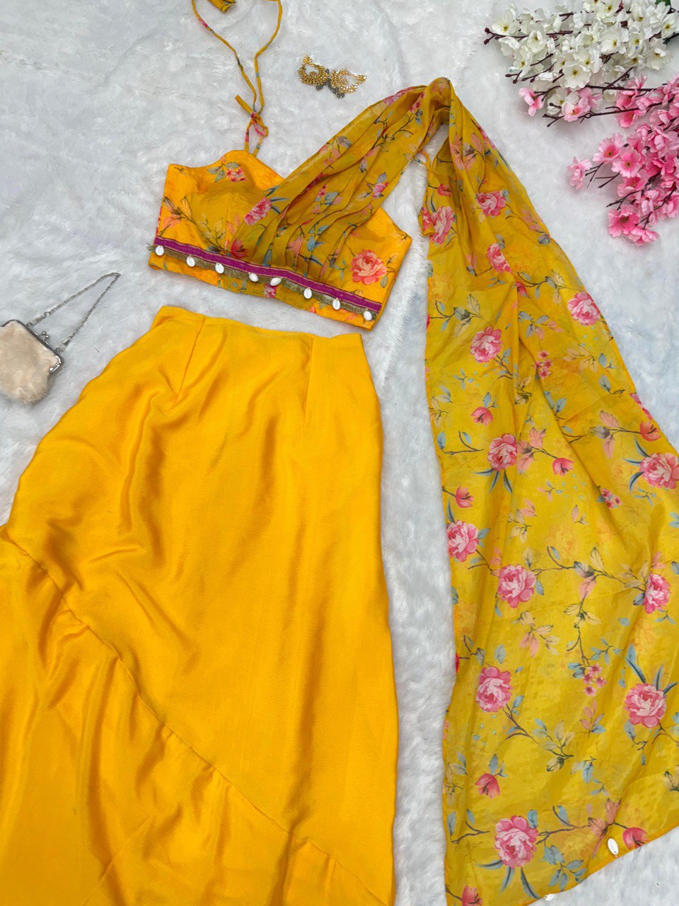 Flattering Chinnon Silk Yellow Color Skirt With Blouse