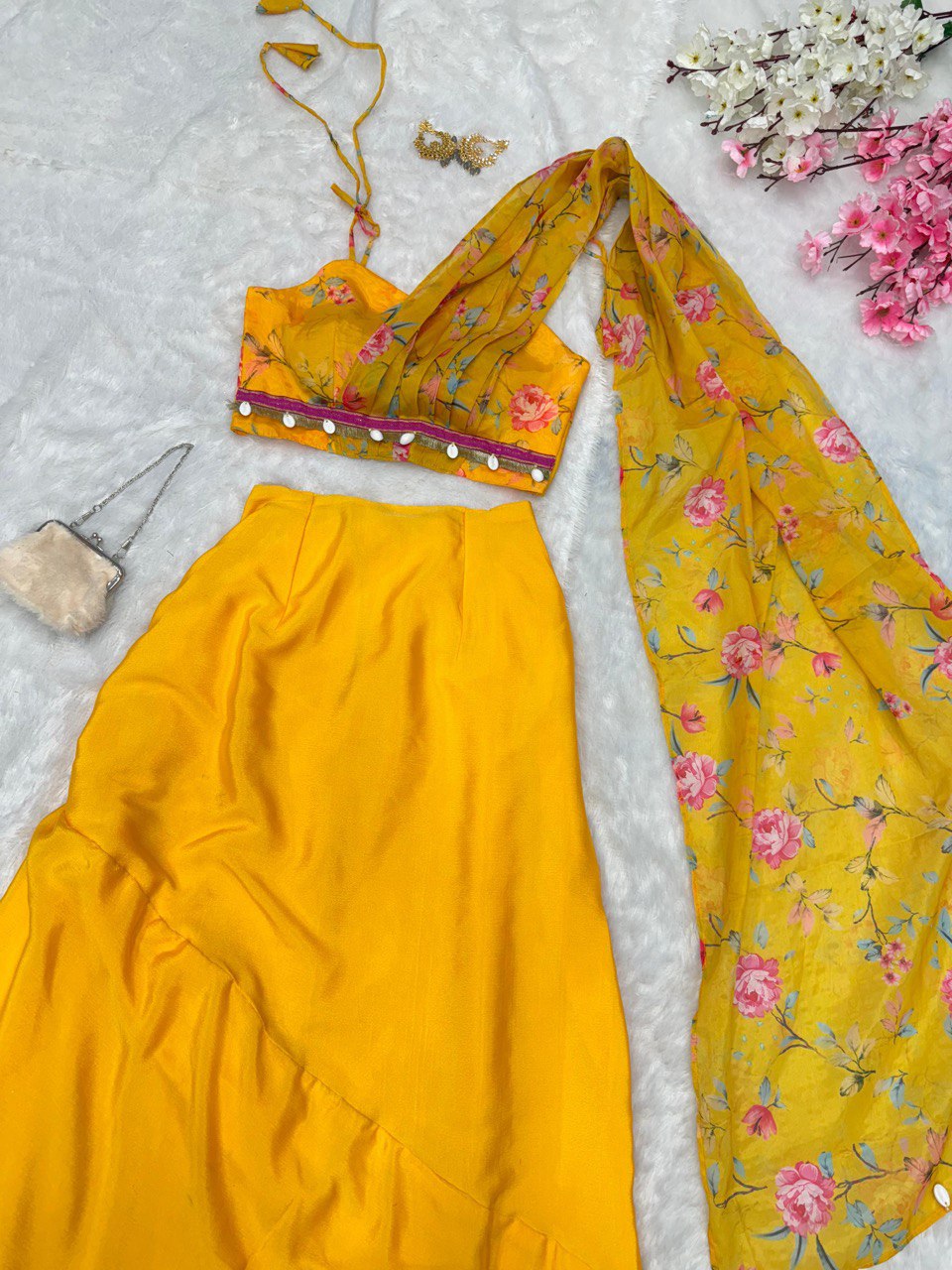 Flattering Chinnon Silk Yellow Color Skirt With Blouse