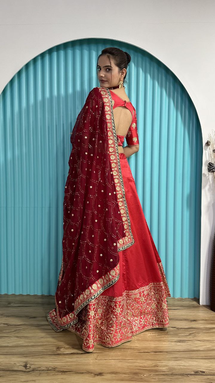 Mesmerizing Red Color Zari And Sequins Work Lehenga Choli