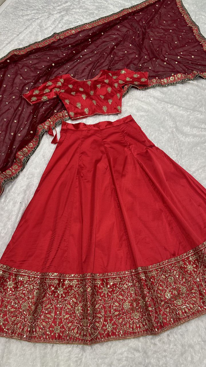 Mesmerizing Red Color Zari And Sequins Work Lehenga Choli