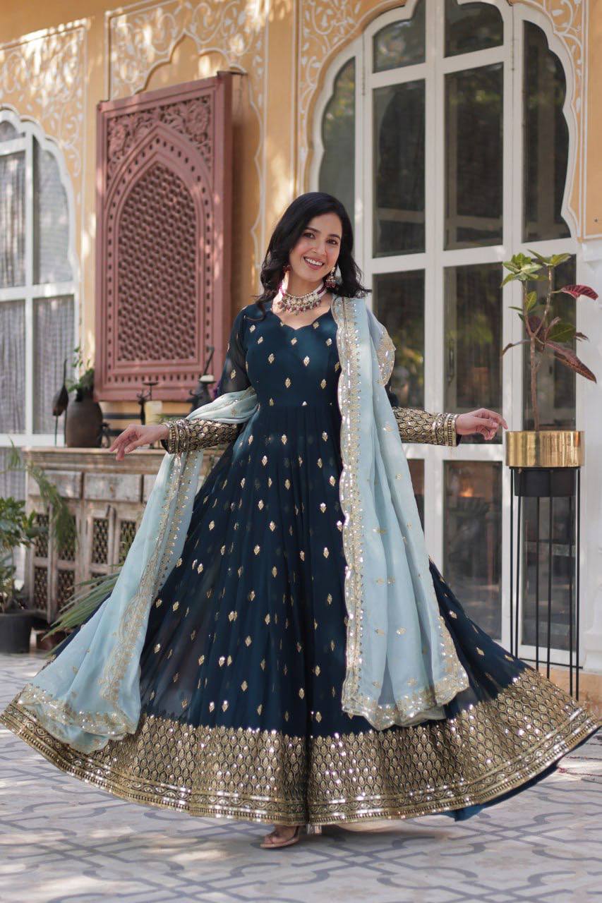 Demanding Georgette Aqua Blue Sequence Work Gown