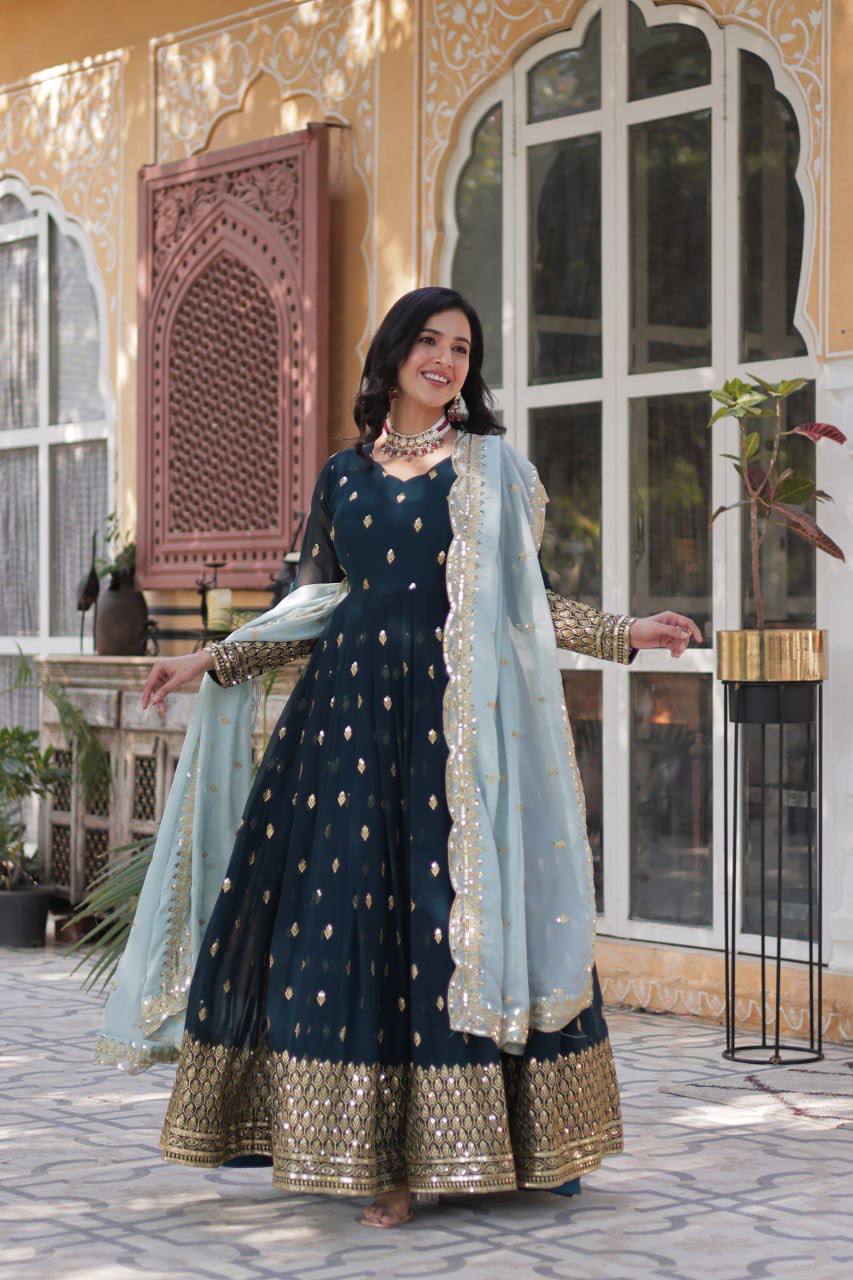 Demanding Georgette Aqua Blue Sequence Work Gown