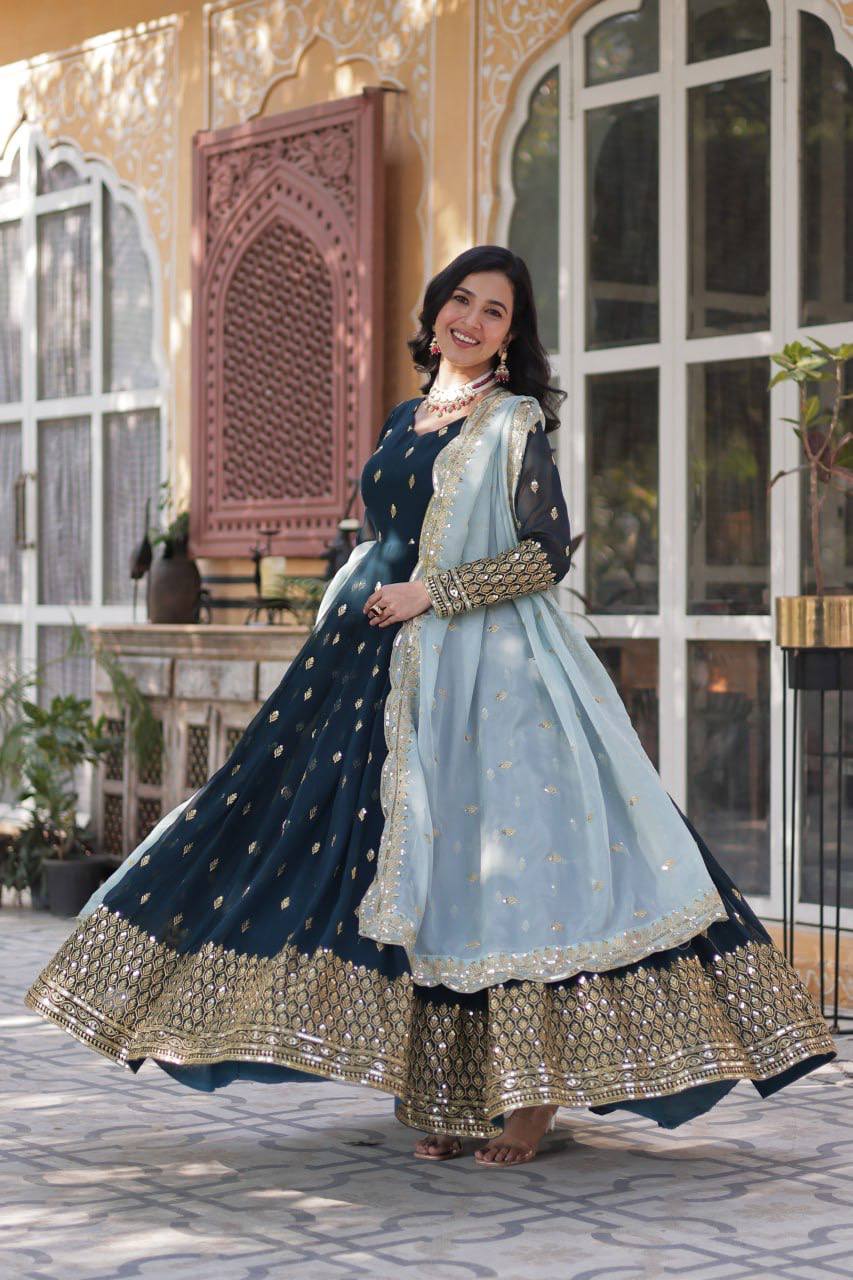 Demanding Georgette Aqua Blue Sequence Work Gown