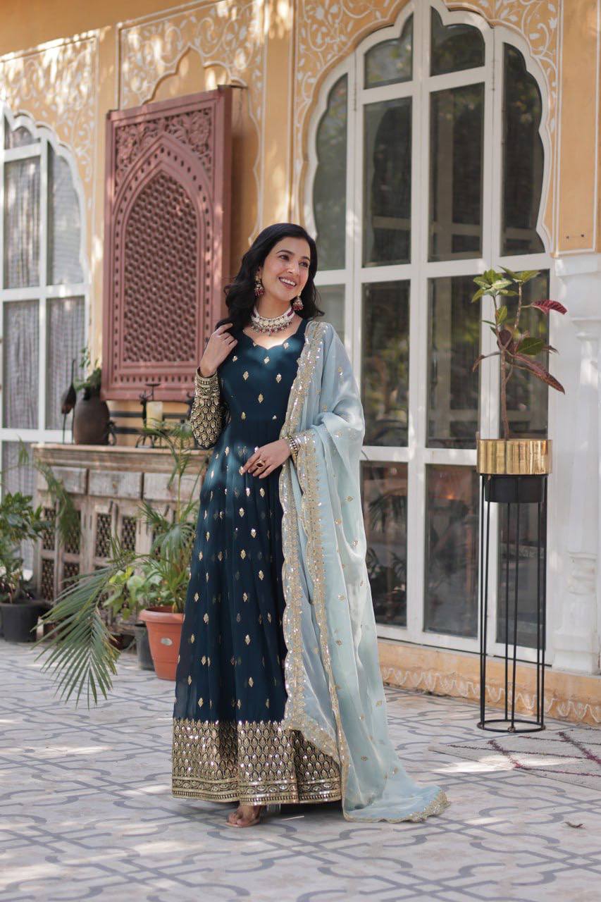 Demanding Georgette Aqua Blue Sequence Work Gown