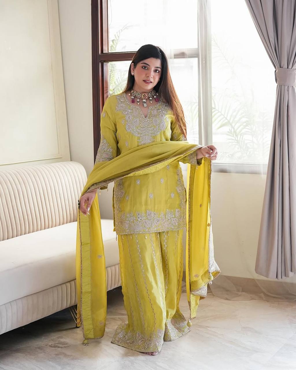 Delightful Lemon Color Embroidery Top Gharara With Dupatta Set