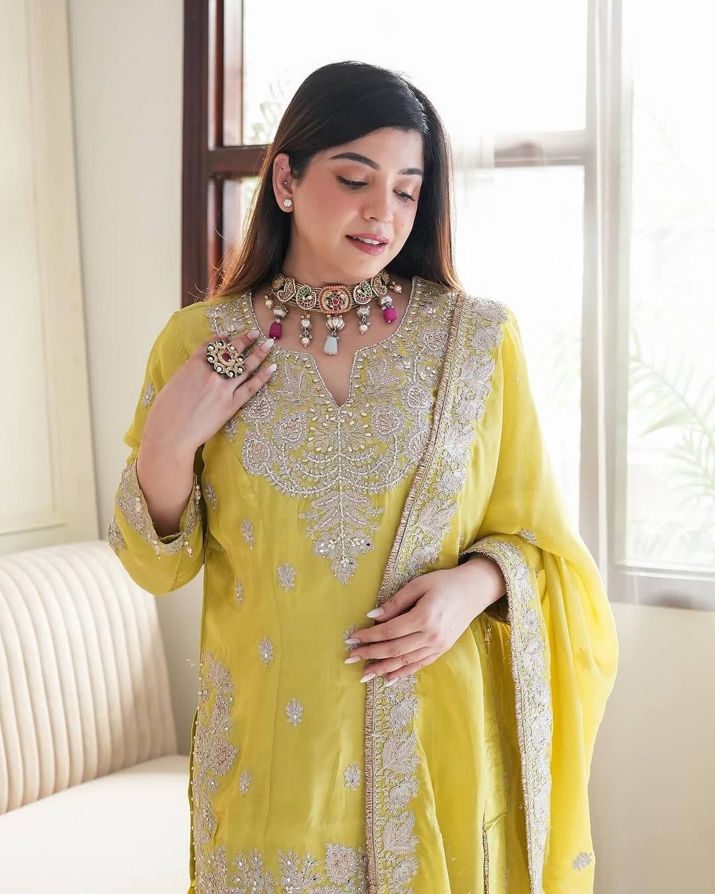 Delightful Lemon Color Embroidery Top Gharara With Dupatta Set