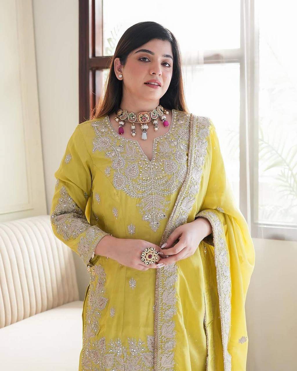 Delightful Lemon Color Embroidery Top Gharara With Dupatta Set