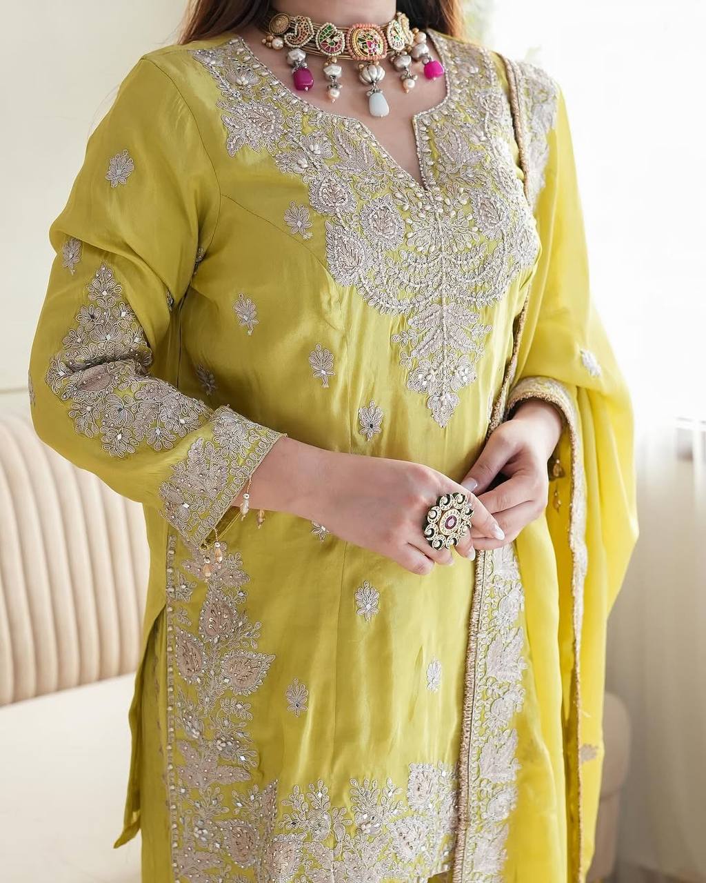 Delightful Lemon Color Embroidery Top Gharara With Dupatta Set