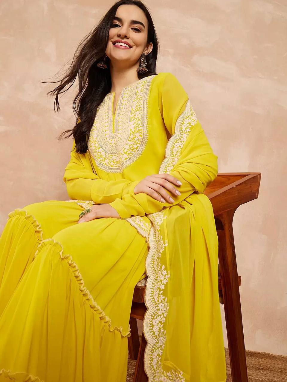 Presenting Georgette Sequins Work Yellow Color Sharara Suit