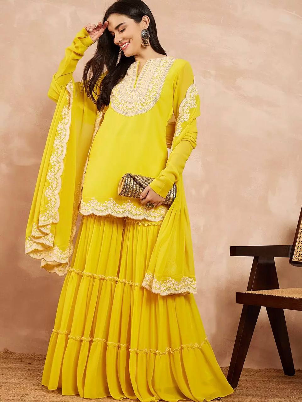 Presenting Georgette Sequins Work Yellow Color Sharara Suit