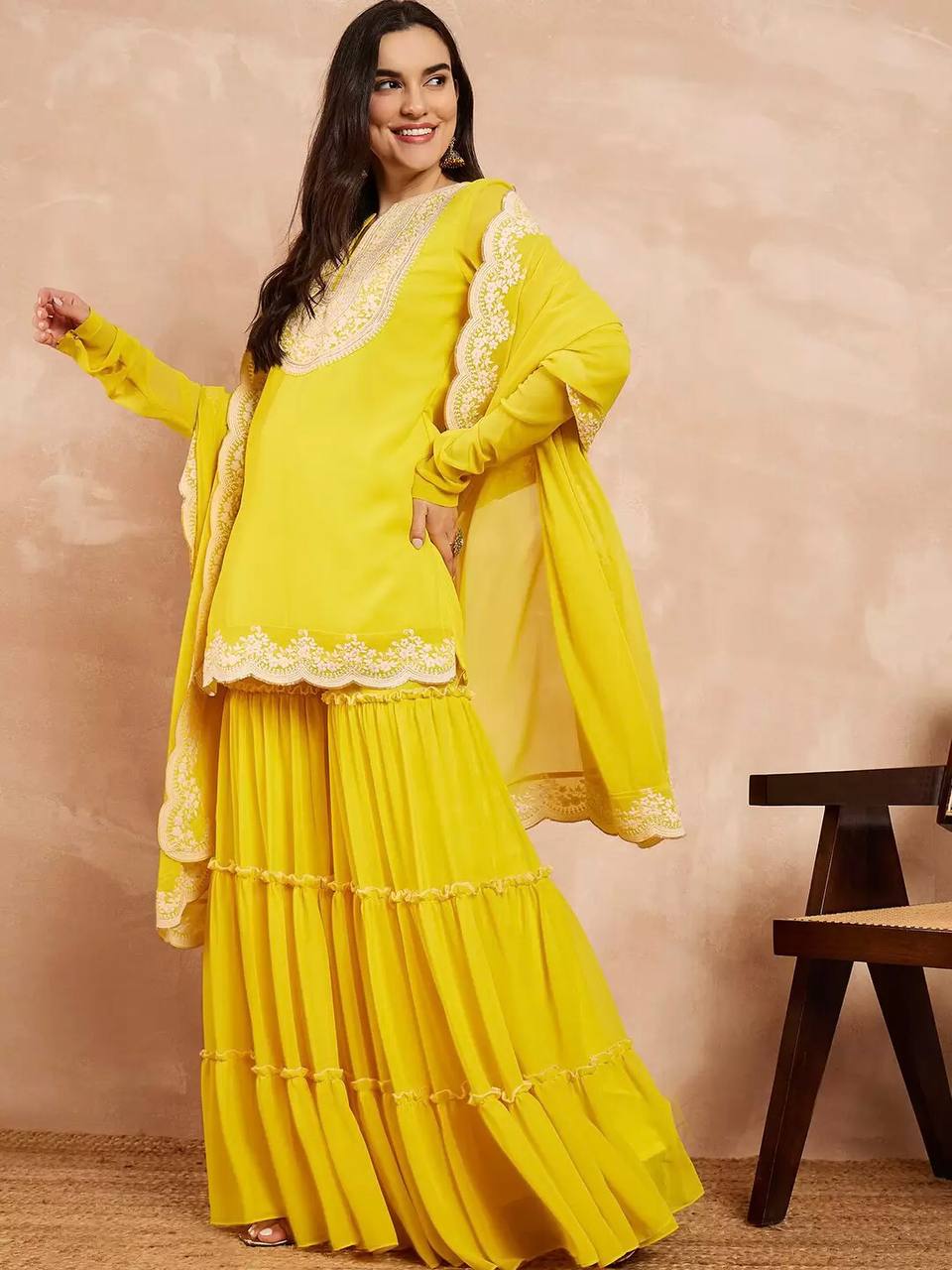 Presenting Georgette Sequins Work Yellow Color Sharara Suit