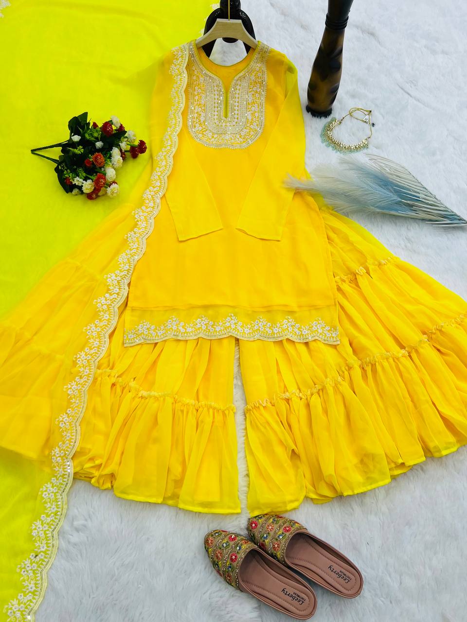 Presenting Georgette Sequins Work Yellow Color Sharara Suit