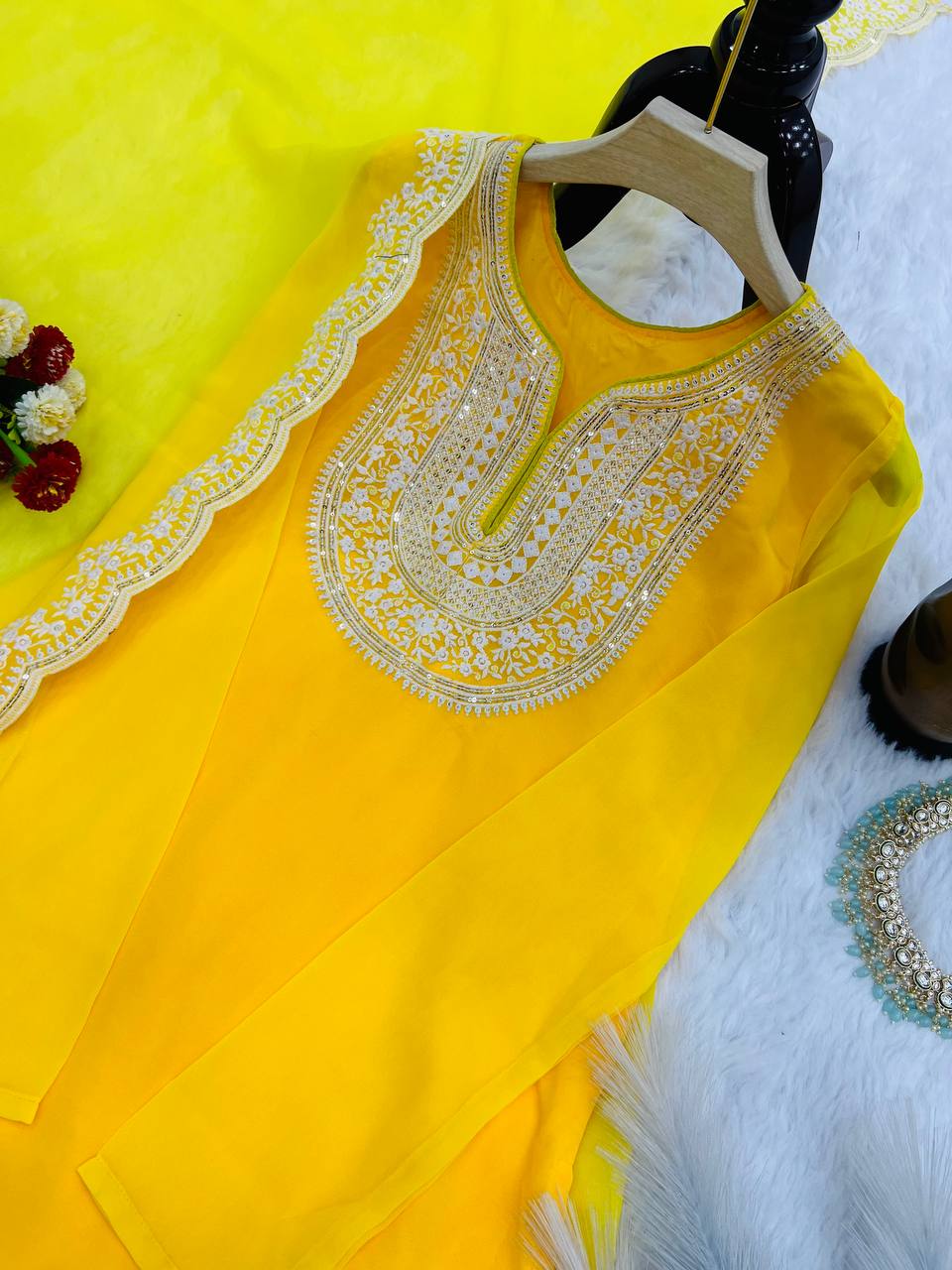 Presenting Georgette Sequins Work Yellow Color Sharara Suit