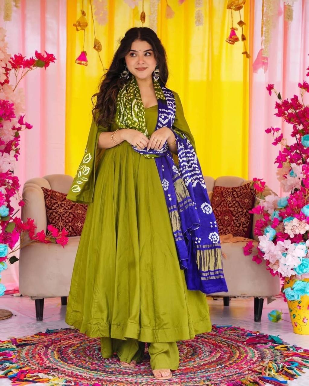 Wonderful Pure Chinnon Silk Mehndi Color Gown