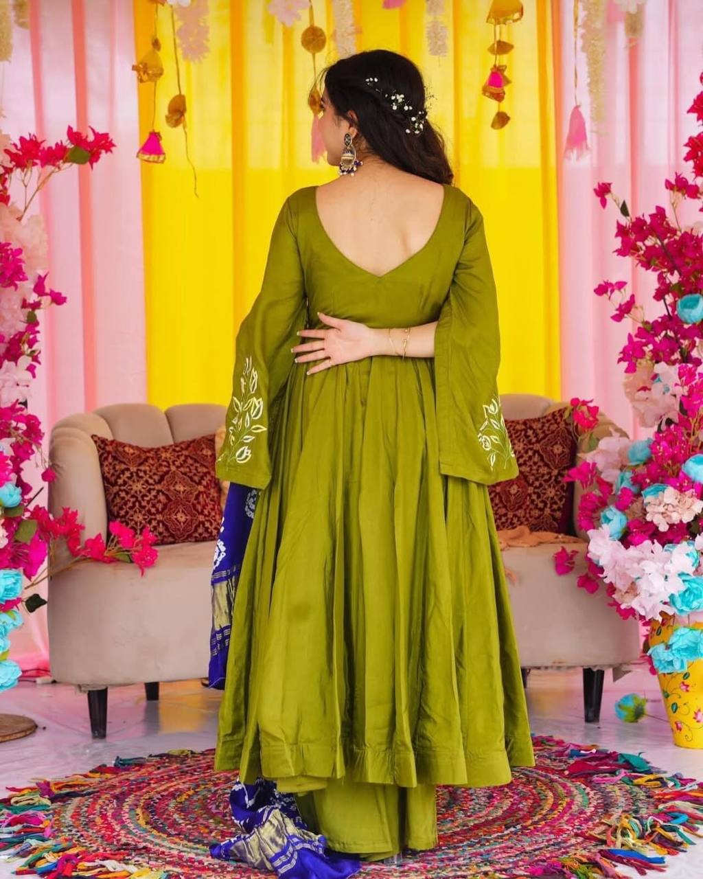 Wonderful Pure Chinnon Silk Mehndi Color Gown