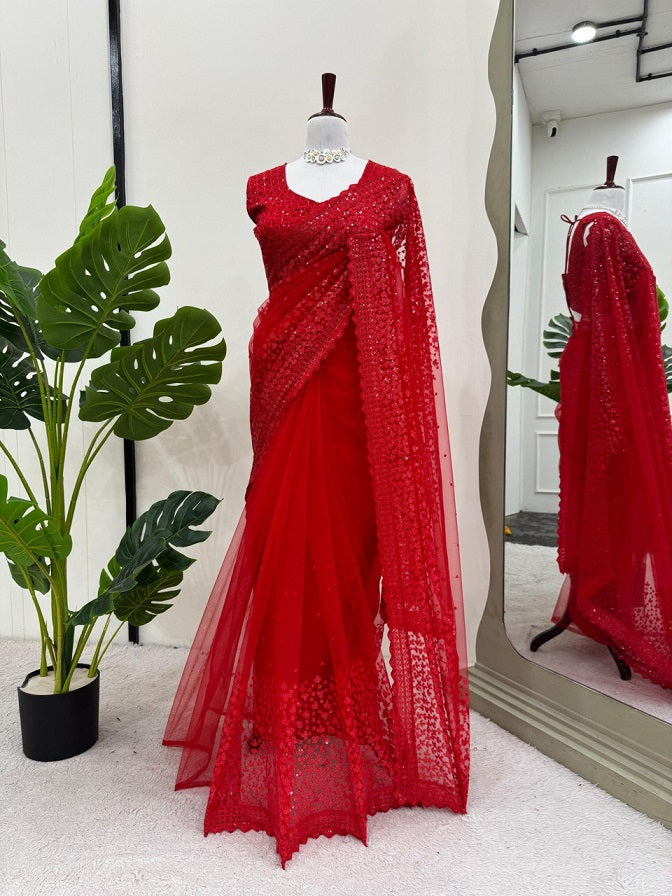 Function Wear Soft Net Red Color Saree