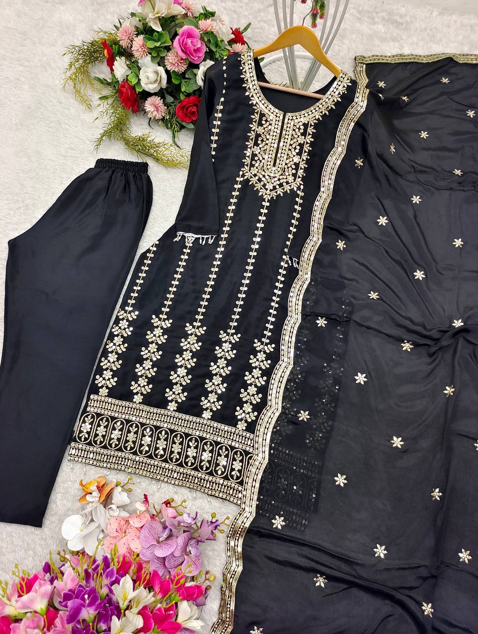 Eyes Catching Cinon Silk Black Color Salwar Suit