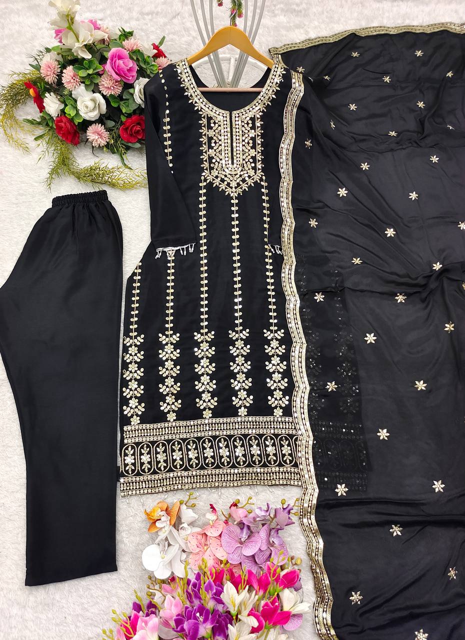 Eyes Catching Cinon Silk Black Color Salwar Suit
