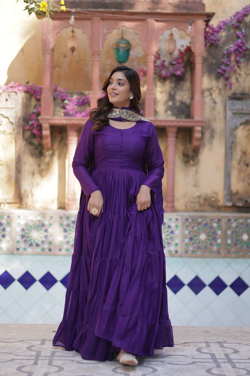 Good Looking Sequins Embroidered Work Purple Color Gown With Dupatta