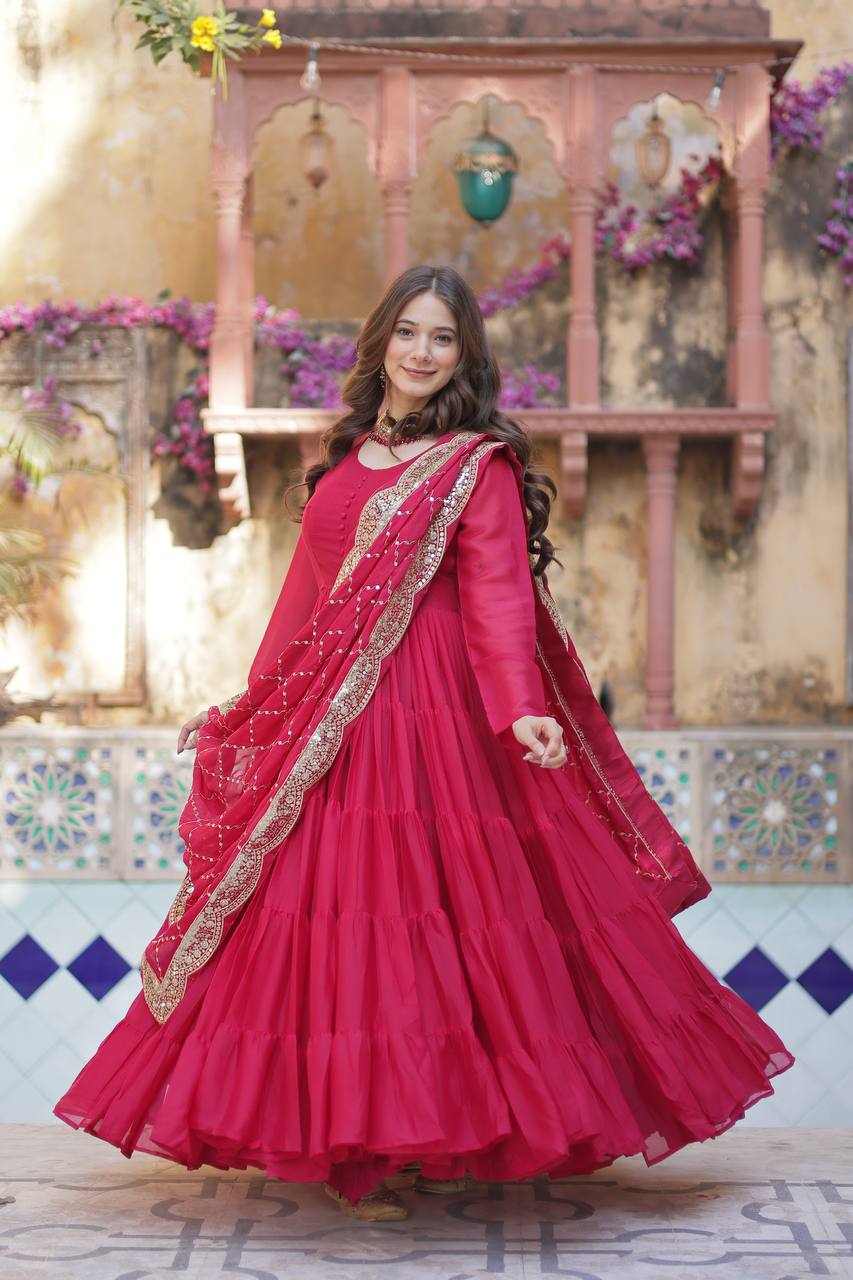 Good Looking Sequins Embroidered Work Pink Color Gown With Dupatta