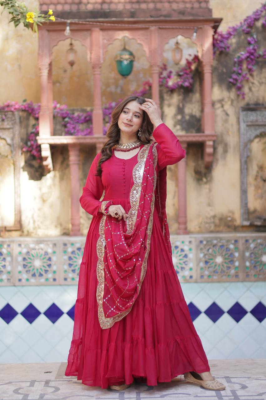 Good Looking Sequins Embroidered Work Pink Color Gown With Dupatta