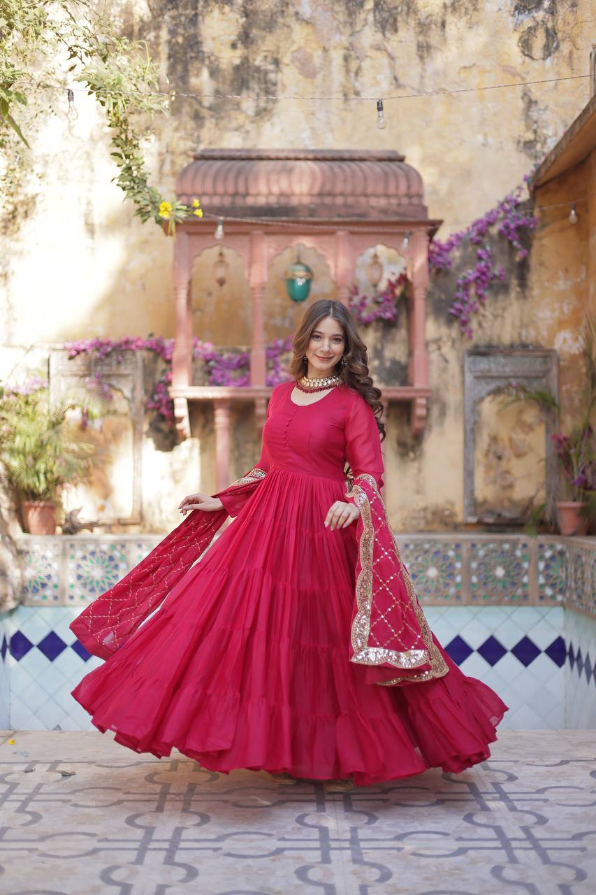 Good Looking Sequins Embroidered Work Pink Color Gown With Dupatta