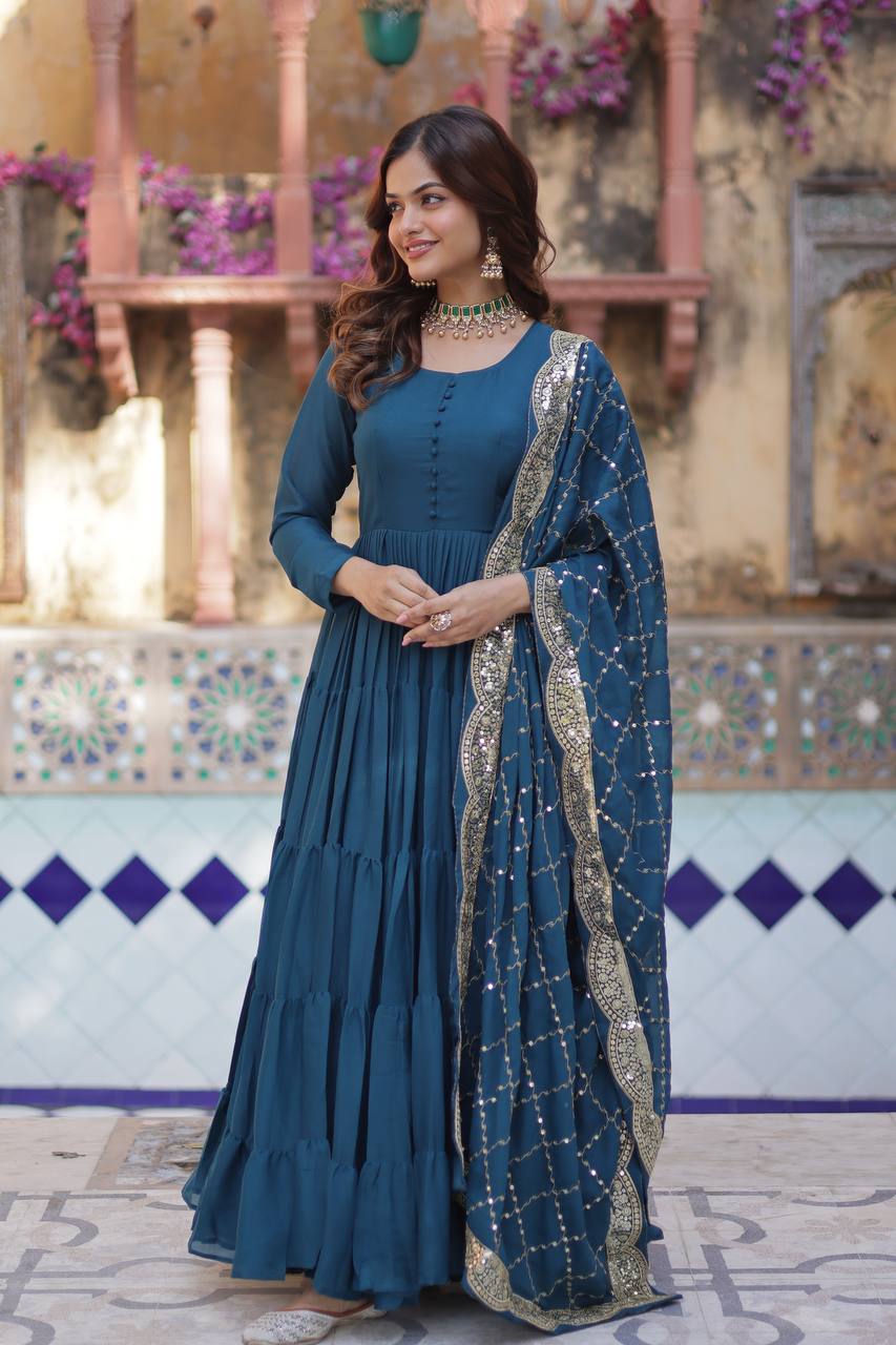 Good Looking Sequins Embroidered Work Blue Color Gown With Dupatta