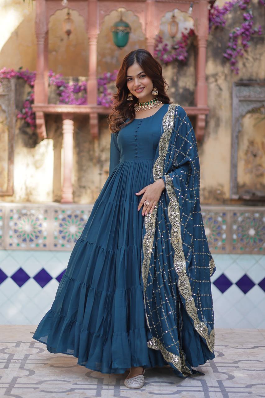 Good Looking Sequins Embroidered Work Blue Color Gown With Dupatta